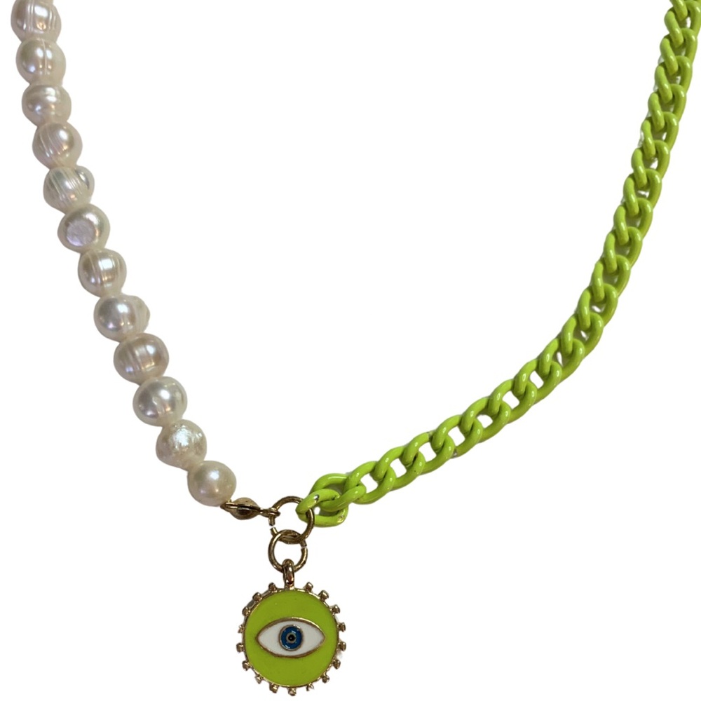 2/$30 Francesca’s White Pearl Neon Green Chain Evil Eye Charm Pendant Necklace